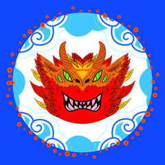 The big red head of the Chinese dragon in the sky. Dragon with two pairs of eyes, horns and white teeth.