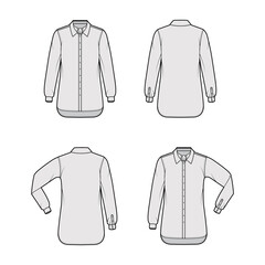 Set of Shirt ascot stripe technical fashion illustration with tie bow, elbow fold long sleeve, oversized, button-down, regular collar. Flat template front, back grey color. Women men top CAD mockup