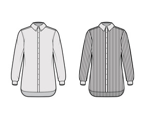 Set of Shirt classic and cleric stripe technical fashion illustration with long sleeves, relax fit, button-down, regular collar. Flat template front, grey color. Women men unisex top CAD mockup