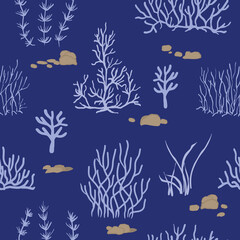Fototapeta na wymiar blue, pink corals on a blue background. Vector seamless pattern with tropical reef.