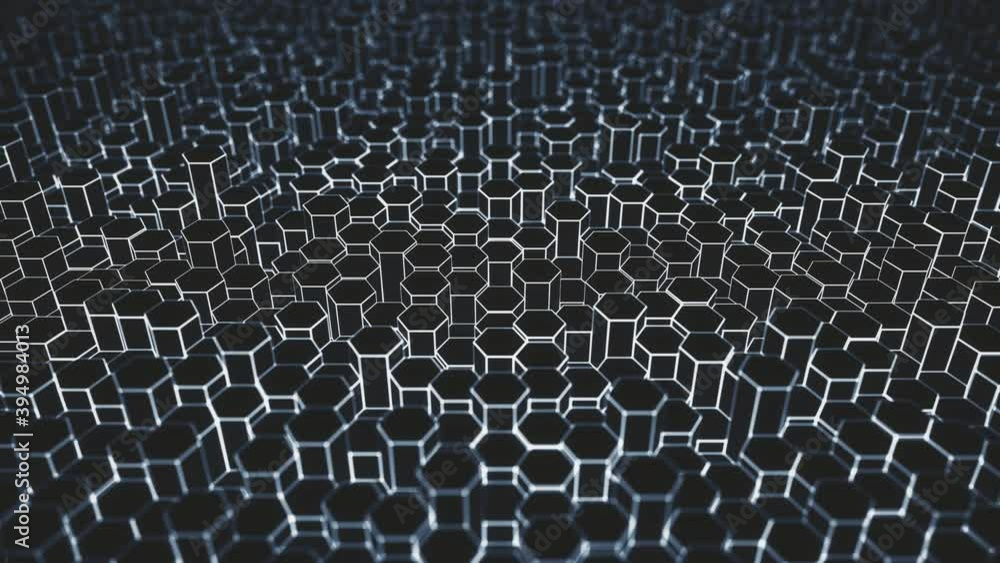 Poster white and blue hexagonal prisms hi-tech pattern, looping 3d animation