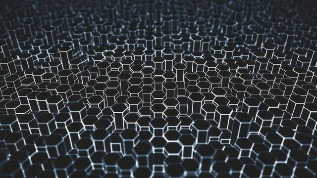 White and blue hexagonal prisms hi-tech pattern, looping 3D animation