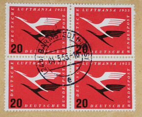 vintage retro alt old gestempelt used frankiert cancel briefmarke stamp block kranich crane rot red lufthansa airline barmstedt 