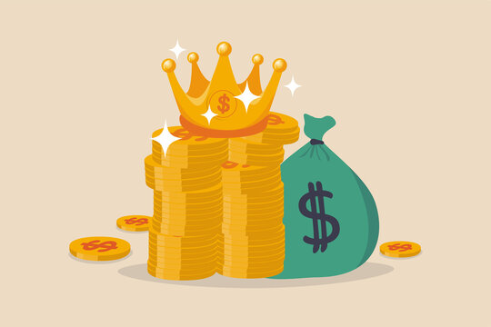 Cash is king, money is the best value in crisis or investor prepare cash to buy stock in economic crisis concept, stack of money dollar coins and money bag with precious king golden crown.