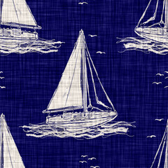 
Nautical navy blue sailing boat on burlap linen texture background. Natural summer coastal living style design. Modern mariner home decor seamless pattern tile swatch. 
