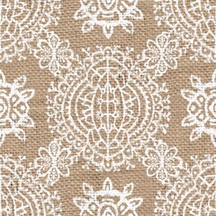 Seamless burlap with white paint pattern overlay. High quality illustration. Real burlap fabric texture with digital pattern on top for print in various surface design uses. Great for interiors.