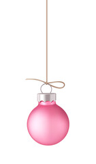 Decorative pink Christmas ball with rope isolated on white. New year decoration. Vector illustration