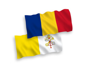 National vector fabric wave flags of Romania and Vatican isolated on white background. 1 to 2 proportion.