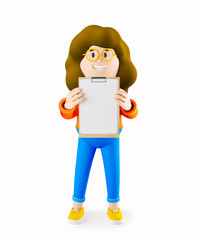 Girl Susie holds a blank with empty sheets in her hands. 3d rendering. 3d illustration. 3d character