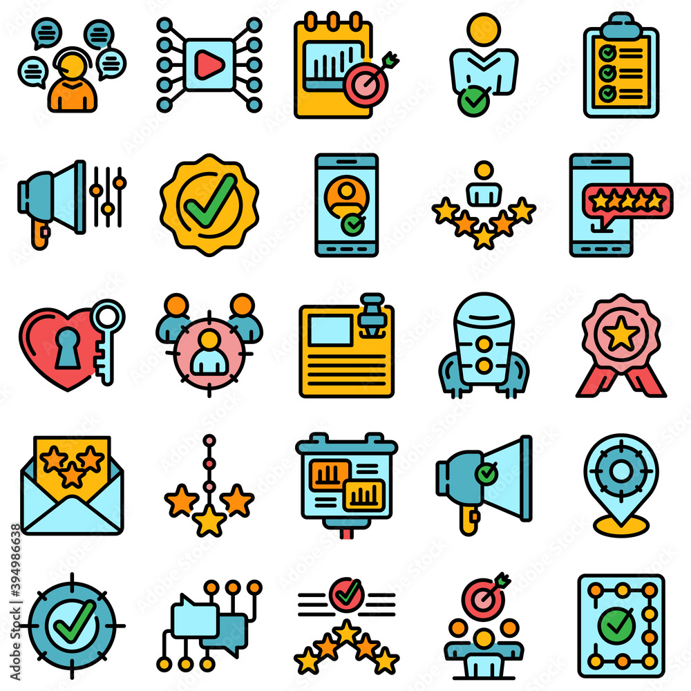 Aufkleber credibility icons set. outline set of credibility vector icons thin line color flat on white