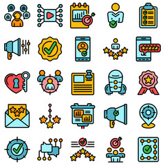 Credibility icons set. Outline set of credibility vector icons thin line color flat on white