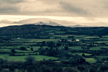 Fototapeta na wymiar Hills of green rural fields in the countryside of Ireland.