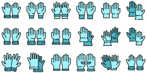 Medical gloves icons set. Outline set of medical gloves vector icons thin line color flat on white