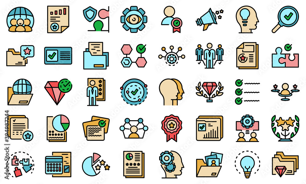 Poster expertise icons set. outline set of expertise vector icons thin line color flat on white