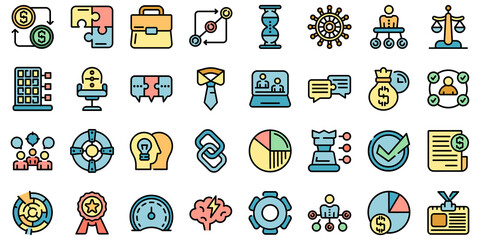 Business collaboration icons set. Outline set of business collaboration vector icons thin line color flat on white