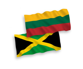 National vector fabric wave flags of Lithuania and Jamaica isolated on white background. 1 to 2 proportion.