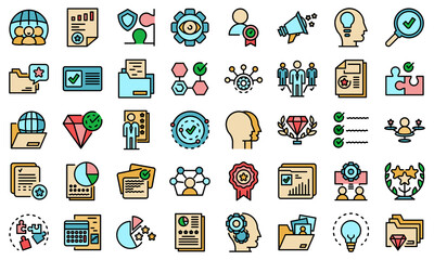 Expertise icons set. Outline set of expertise vector icons thin line color flat on white
