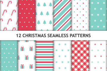 Set of 12 Christmas seamless patterns. Red, green and white colored. New year backgrounds. Can be used for textile print, wrapping papers etc.  Vector illustration.