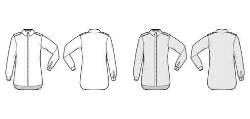 Shirt epaulette technical fashion illustration with elbow fold long sleeve, oversized, button-down opening, regular collar. Flat template front, back white, grey color. Women men unisex top CAD mockup