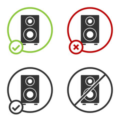 Black Stereo speaker icon isolated on white background. Sound system speakers. Music icon. Musical column speaker bass equipment. Circle button. Vector.