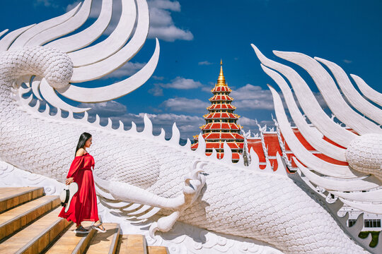 Wat Huay Pla Kang, white big buddha and dragons in Chiang Rai, Chiang Mai province, Thailand