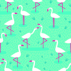 seamless pattern white flamingo birds with a turquoise background for home decoration, bedding, wrapping paper, stationery, wallpaper, tea towels, clothing, swimwear