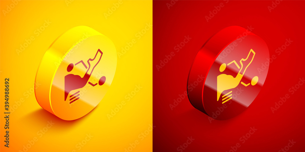 Poster isometric prosthesis hand icon isolated on orange and red background. futuristic concept of bionic a
