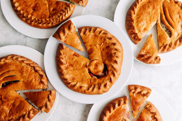 Assorted Russian cuisine pies. Filled baked goods