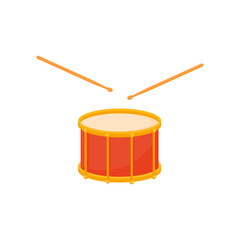 Golden orange drum and wooden drum sticks, icon isolated on white background. Instrument for parade, orchesta, carnival. Cartoon flat design. Vector illustration.