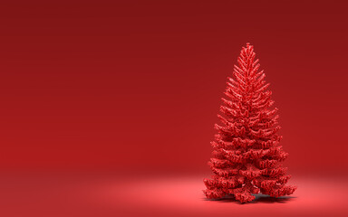 Single Christmas tree without ornaments with monochrome solid red color in red background with copy space, 3d rendering