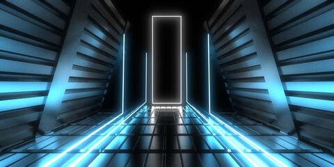 3D abstract background with neon lights. neon tunnel .space construction . 3d illustration