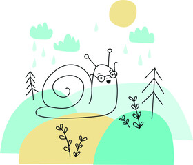 Cute line art snail with glasses on a hill in the forrest for wall art, kids book, greeting cards coloring book