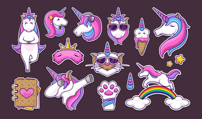 Big unicorn sticker pack. Fashion patch badges. Cat paw. Ice cream, rainbow, star, sleeping mask, crown, meditation, baby. Vector illustration design. © Igor