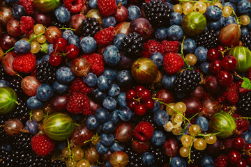 Gooseberries, blueberries, mulberry, raspberries, white and red currants.