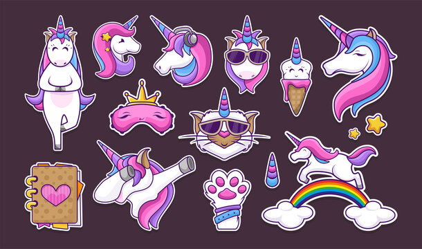Big unicorn sticker pack. Fashion patch badges. Cat paw. Ice cream, rainbow, star, sleeping mask, crown, meditation, baby. Vector illustration design.