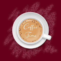 White coffee cup and saucer top view on dark red background