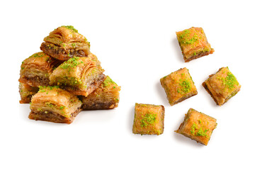 Pistachio baklava on a white background. Dessert.