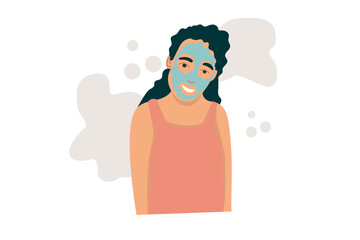 Vector character girl with a white cosmetic mask on her face.