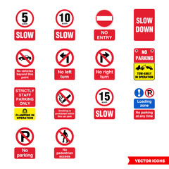 Car park prohibitory signs icon set of color types. Isolated vector sign symbols. Icon pack.