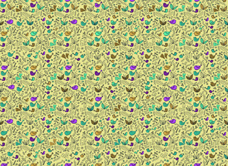 Floral pattern with beautiful birds. Hand drawn vectors on vanilla yellow background for wrapping paper, wallpaper, bed linen