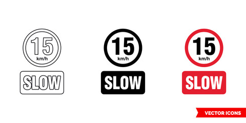 Slow 15 Km-h prohibitory sign icon of 3 types color, black and white, outline. Isolated vector sign symbol.