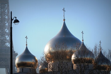 View of the Russian orthodox church Cathedrale de la Sainte Trinite near the Eiffel Tower in Paris,...