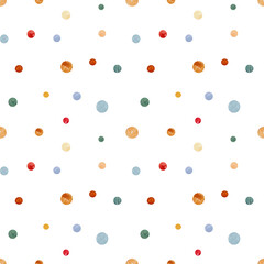 Watercolor Christmas seamless pattern with hand drawing dots. Bright light festive background for fabrics, wrapping paper and cards.