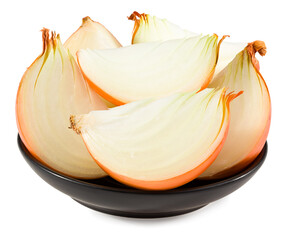 cut of onion in black plate isolated on white background. full depth of field. clipping path