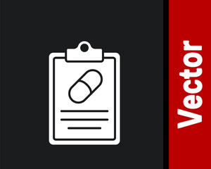 White Medical prescription icon isolated on black background. Rx form. Recipe medical. Pharmacy or medicine symbol. Vector.