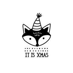 Doodle fox Christmas illustration. It is Xmas. Holidays vector illustration in sketch style. Cute animal