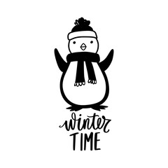 Doodle penguin with scarf, warm hat and hand drawn lettering inscription Winter time