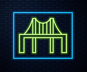 Glowing neon line Golden gate bridge icon isolated on brick wall background. San Francisco California United States of America. Vector Illustration.