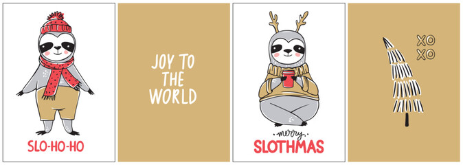 Cute Sloth, Merry Christmas cards collection. Vector funny illustrations for winter holidays. Doodle lazy sloths bears and lettering inscriptions. Happy New Year and Xmas animals set