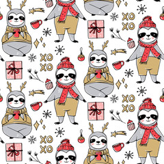 Cute Sloth seamless pattern, winter cozy background. Doodle lazy sloth bear with ugly sweater, cup of coffee. © yana2607